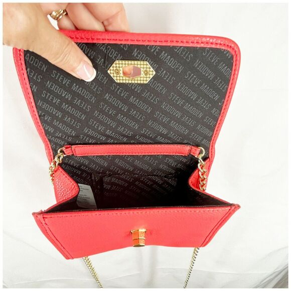 Steve Madden Crossbody Bag Purse Gold Chain Handle Coral Pink Faux Leather NEW - Picture 13 of 14